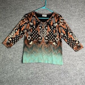 Cactus Bay Shirt Womens S‎ Brown Turquoise Aztec Print Rhinestone Western USA